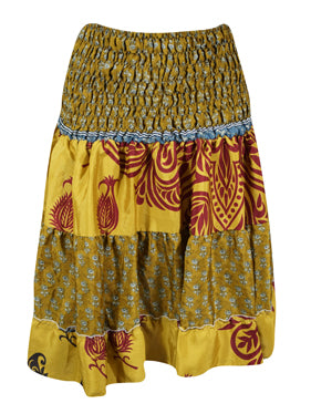 Womens Summer Ruched Skirt Yellow Floral Beach Recycle Silk Skirts S/M